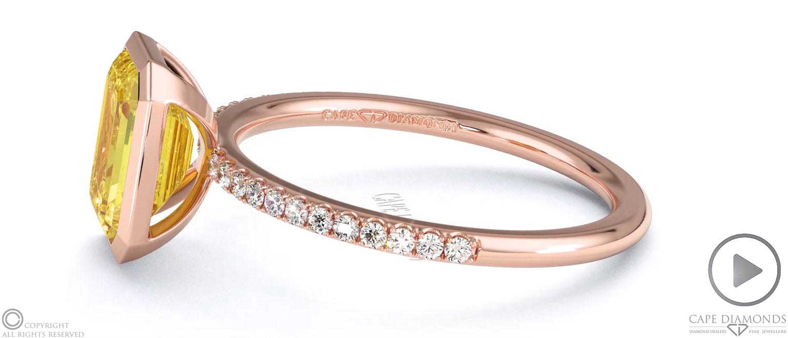 Yellow Natural Diamond Emerald-cut Basket Bezel Setting Pave Rose Gold Engagement Ring top video