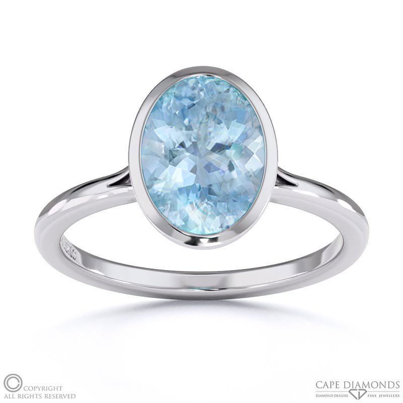 Blue Or Paraiba Tourmaline Oval Cut Bezel Setting Split Band White Gold Engagement Ring