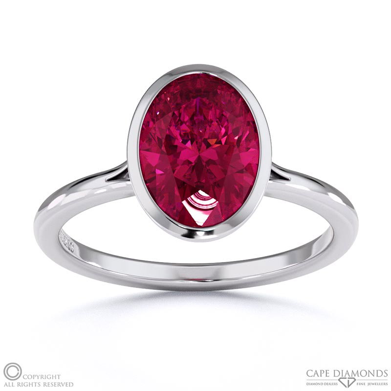 Ruby Oval Cut Bezel Setting Split Band White Gold Engagement Ring