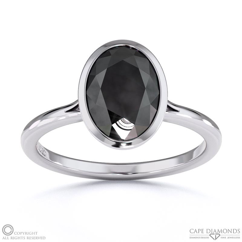 Black Lab Grown Diamond Oval-cut Bezel Setting Split Band White Gold Engagement Ring