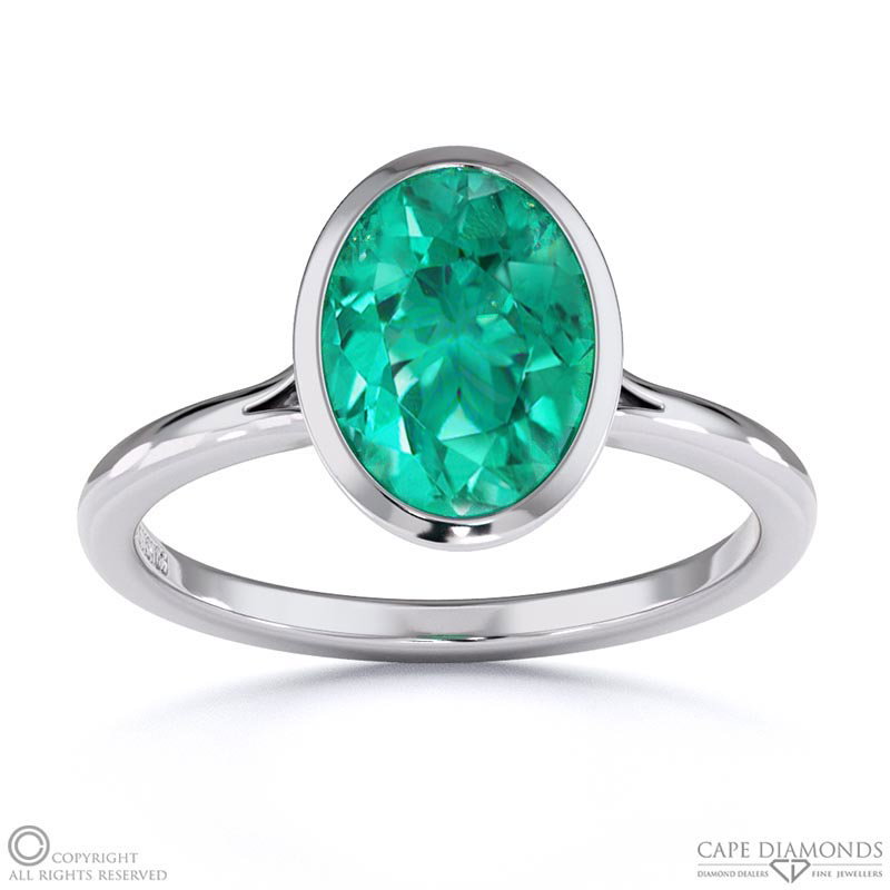 Tourmaline Oval Cut Bezel Setting Split Band White Gold Engagement Ring