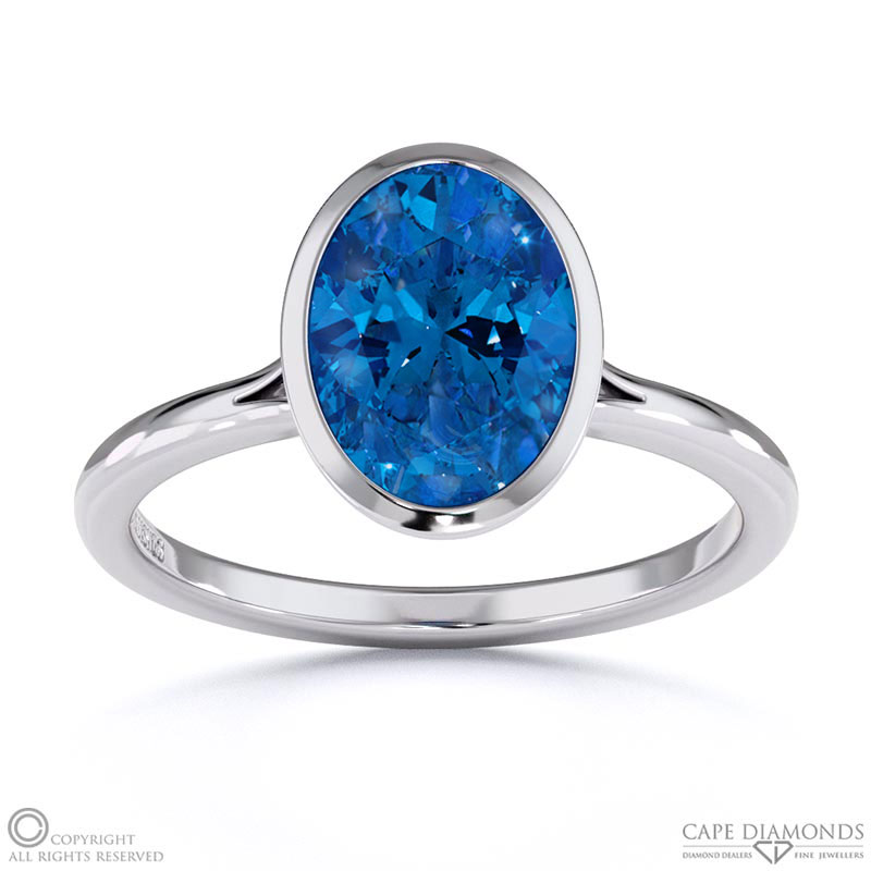 Sapphire Oval Cut Bezel Setting Split Band White Gold Engagement Ring