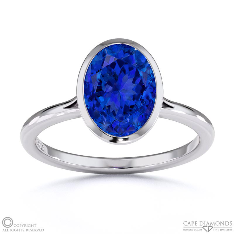 Tanzanite Oval Cut Bezel Setting Split Band White Gold Engagement Ring