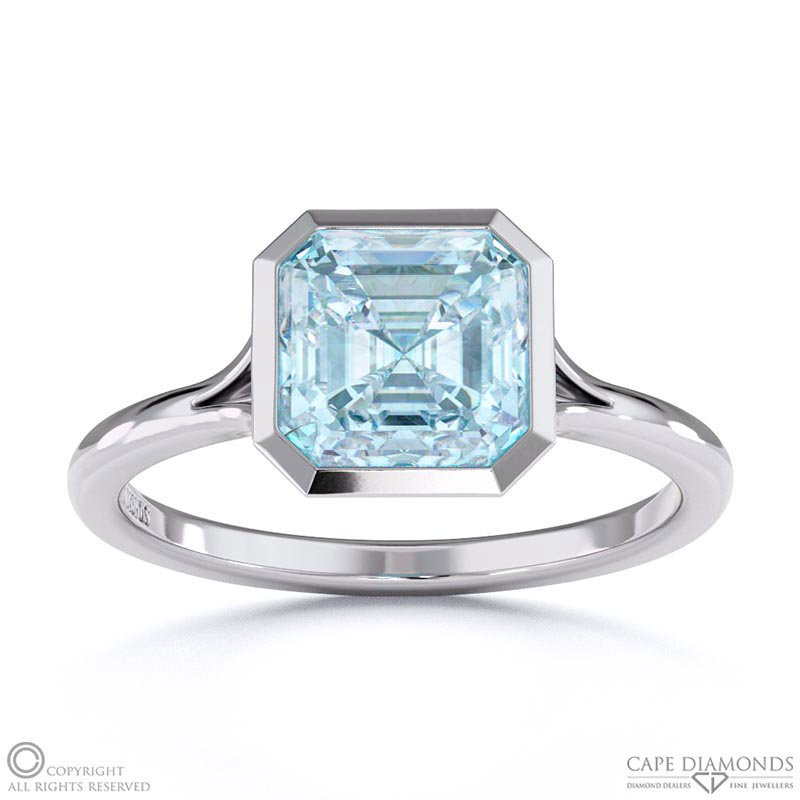 Aquamarine Asscher Cut Bezel Setting Split Band White Gold Engagement Ring