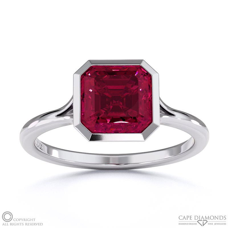 Ruby Asscher Cut Bezel Setting Split Band White Gold Engagement Ring