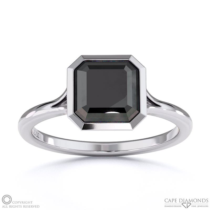 Black Lab Grown Diamond Asscher-cut Bezel Setting Split Band White Gold Engagement Ring