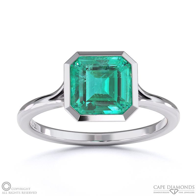Emerald Asscher Cut Bezel Setting Split Band White Gold Engagement Ring