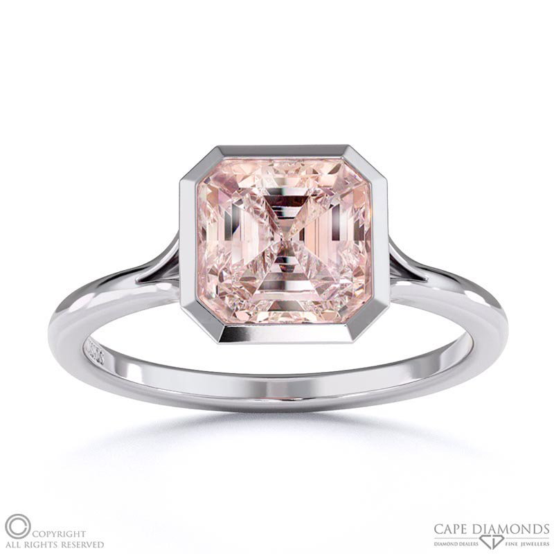 Morganite Asscher Cut Bezel Setting Split Band White Gold Engagement Ring