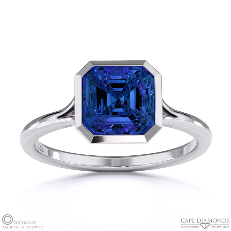 Tanzanite Asscher Cut Bezel Setting Split Band White Gold Engagement Ring