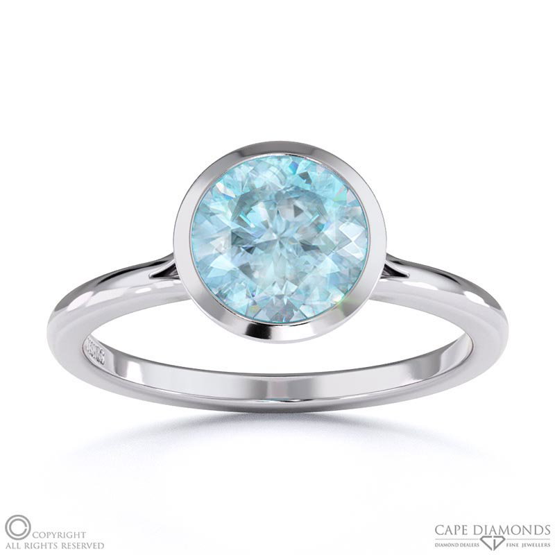 Blue Or Paraiba Tourmaline Round Cut Bezel Setting Split Band White Gold Engagement Ring