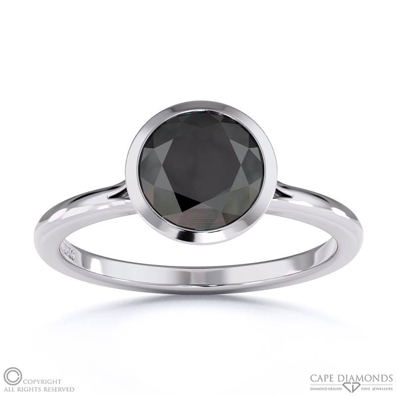 Black Lab Grown Diamond Round-cut Bezel Setting Split Band White Gold Engagement Ring