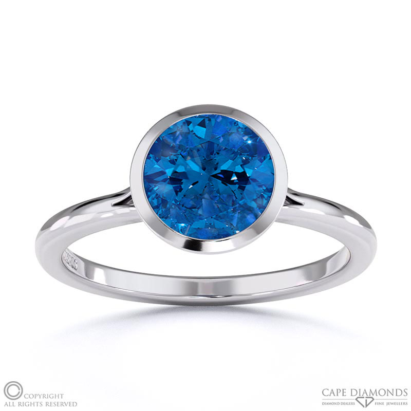 Sapphire Round Cut Bezel Setting Split Band White Gold Engagement Ring