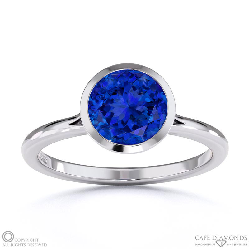 Tanzanite Round Cut Bezel Setting Split Band White Gold Engagement Ring