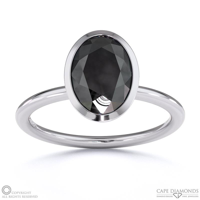 Black Lab Grown Diamond Oval-cut Basket Bezel Setting Solitaire White Gold Engagement Ring