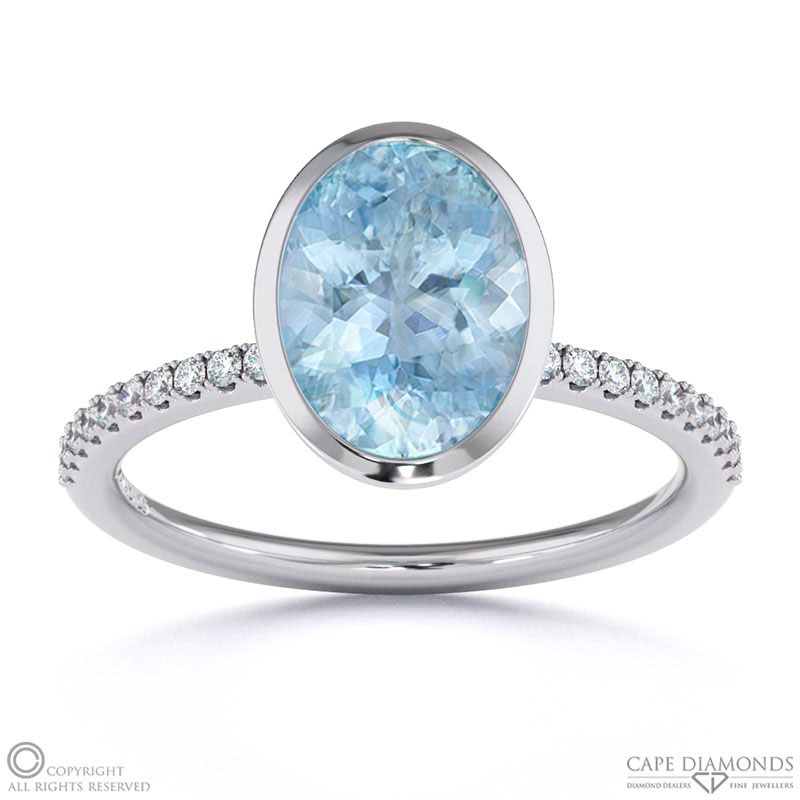 Blue Or Paraiba Tourmaline Oval Cut Basket Bezel Setting Pave White Gold Engagement Ring