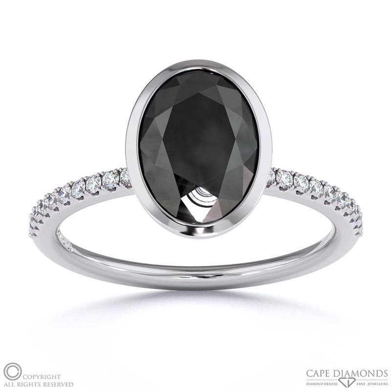 Black Lab Grown Diamond Oval-cut Basket Bezel Setting Pave White Gold Engagement Ring
