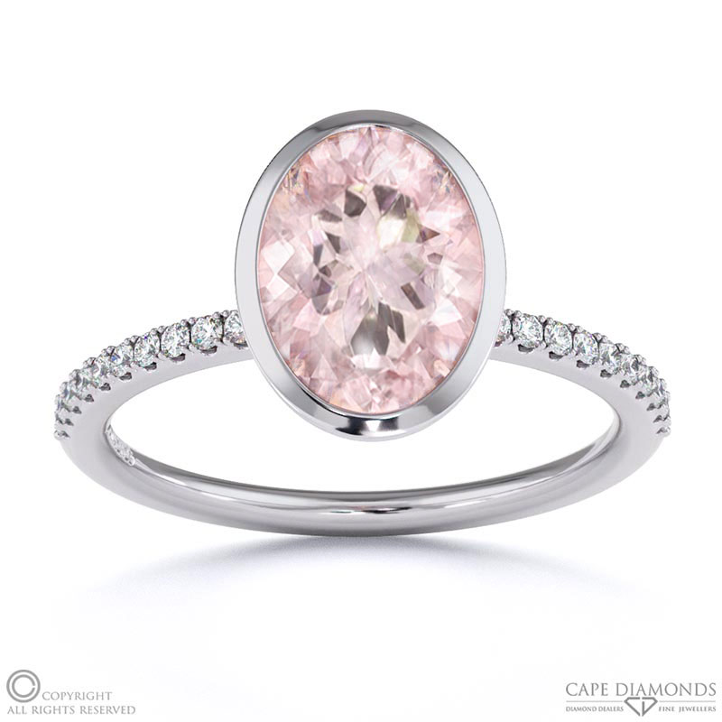 Morganite Oval Cut Basket Bezel Setting Pave White Gold Engagement Ring