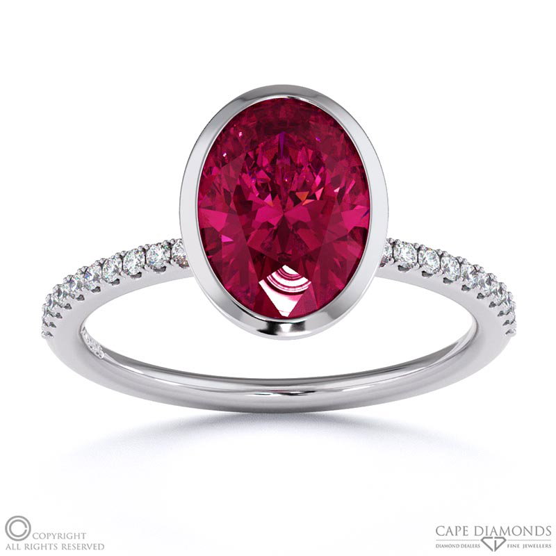 Ruby Oval Cut Basket Bezel Setting Pave White Gold Engagement Ring