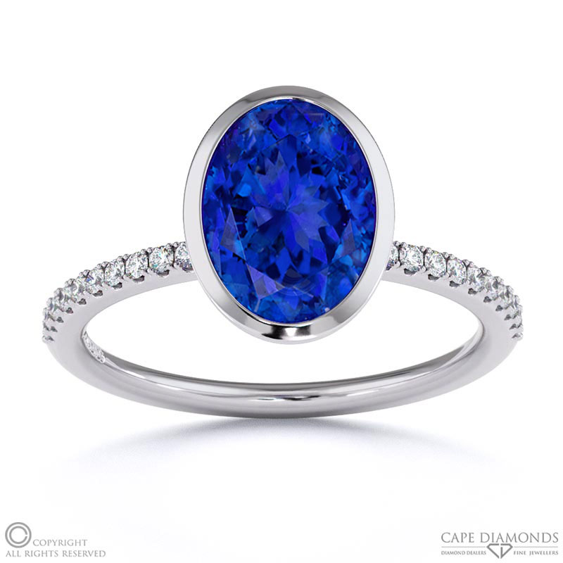 Tanzanite Oval Cut Basket Bezel Setting Pave White Gold Engagement Ring