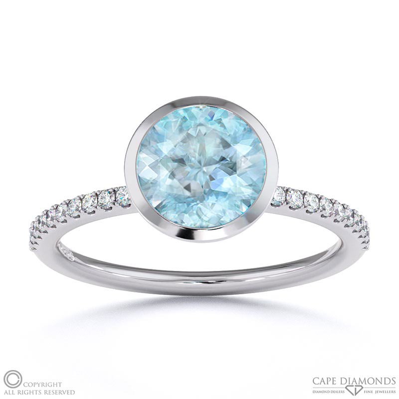 Blue Or Paraiba Tourmaline Round Cut Basket Bezel Setting Pave White Gold Engagement Ring