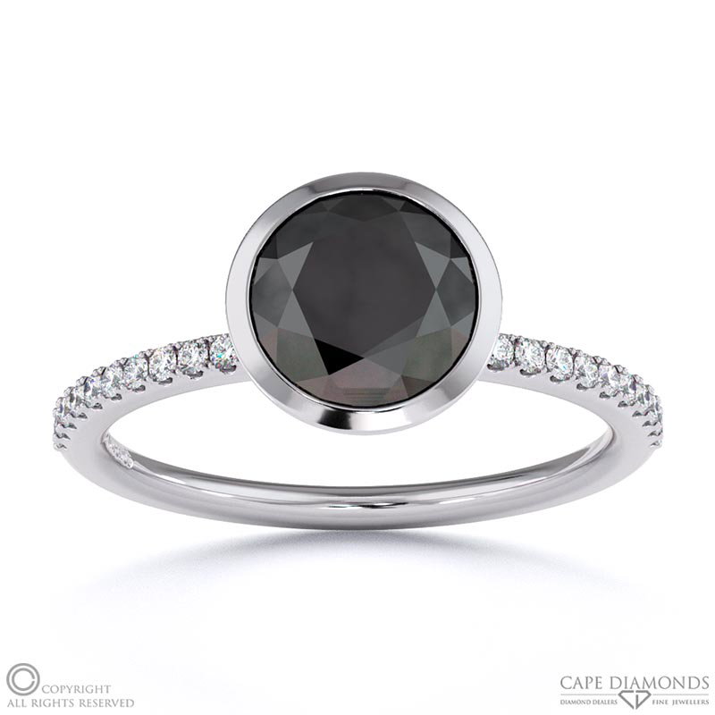 Black Lab Grown Diamond Round-cut Basket Bezel Setting Pave White Gold Engagement Ring