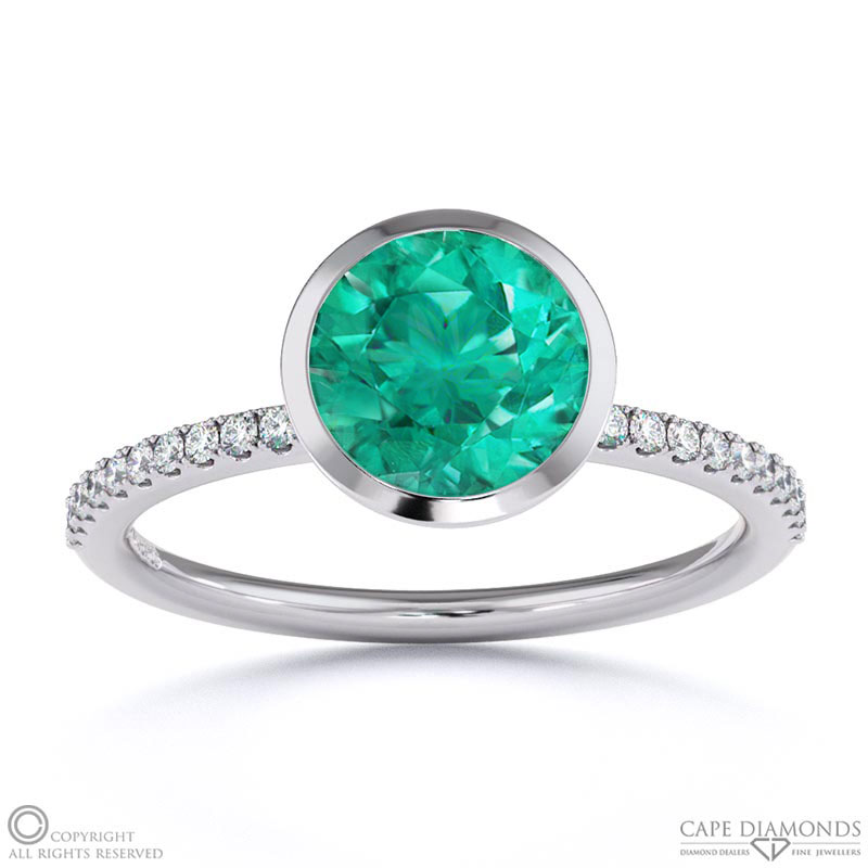 Tourmaline Round Cut Basket Bezel Setting Pave White Gold Engagement Ring