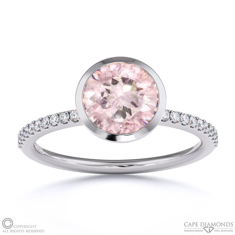 Morganite Round Cut Basket Bezel Setting Pave White Gold Engagement Ring