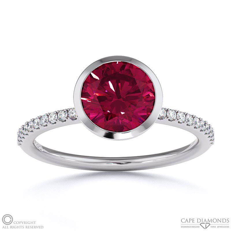 Ruby Round Cut Basket Bezel Setting Pave White Gold Engagement Ring