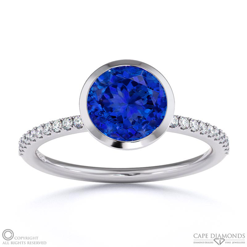 Tanzanite Round Cut Basket Bezel Setting Pave White Gold Engagement Ring