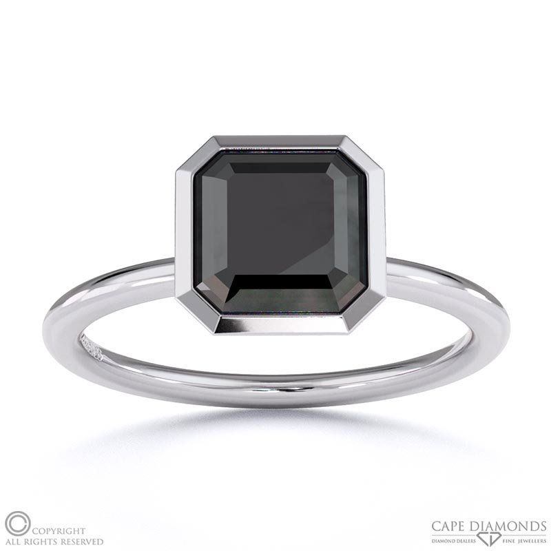 Black Lab Grown Diamond Asscher-cut Basket Bezel Setting Solitaire White Gold Engagement Ring