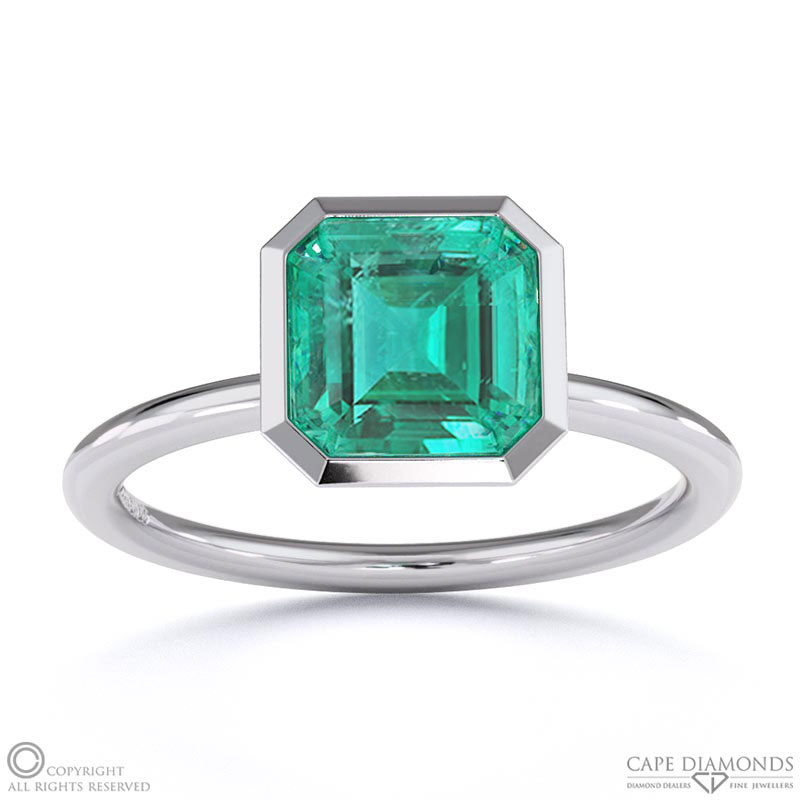 Emerald Asscher Cut Basket Bezel Setting Solitaire White Gold Engagement Ring