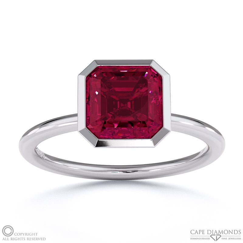 Ruby Asscher Cut Basket Bezel Setting Solitaire White Gold Engagement Ring