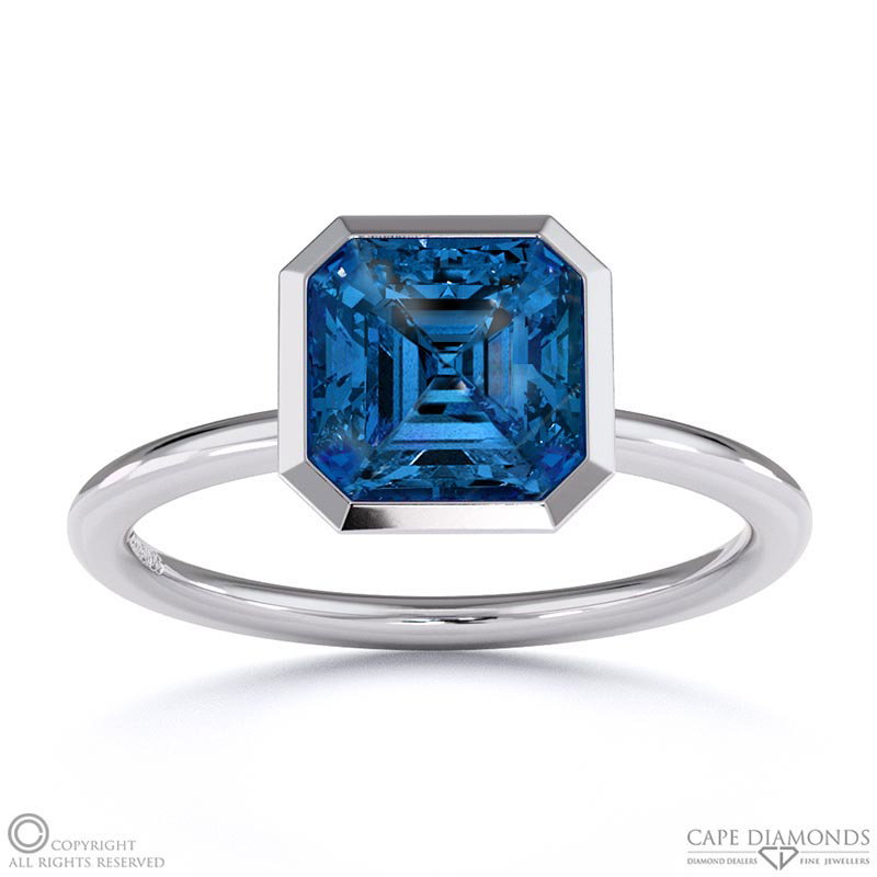 Sapphire Asscher Cut Basket Bezel Setting Solitaire White Gold Engagement Ring