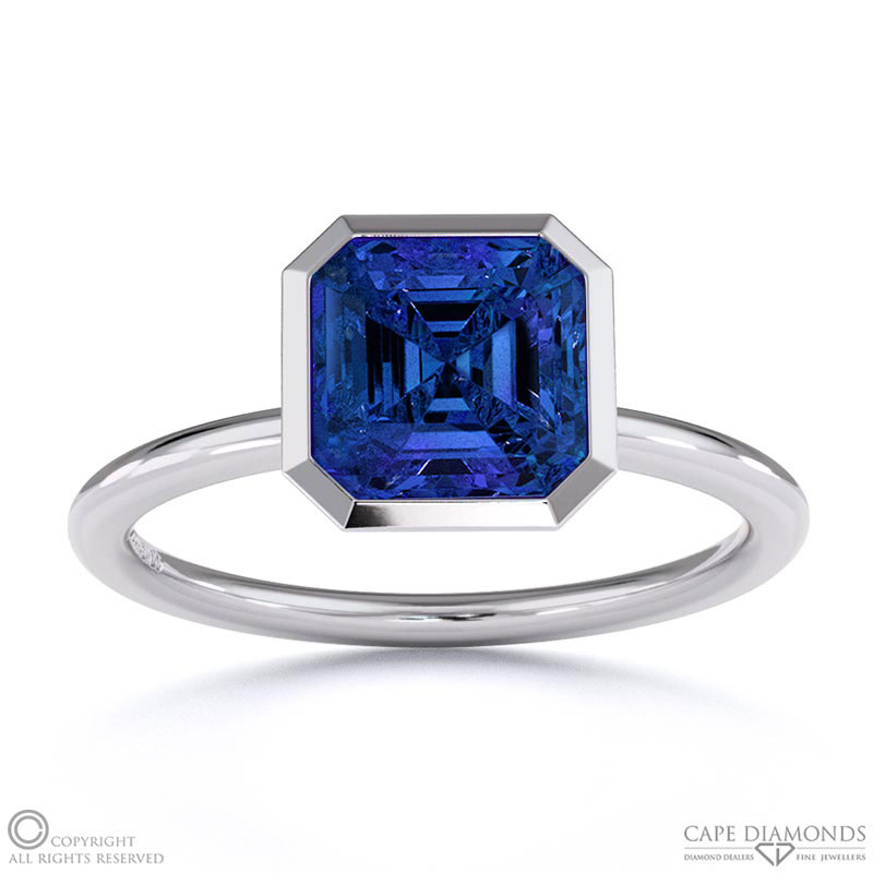Tanzanite Asscher Cut Basket Bezel Setting Solitaire White Gold Engagement Ring