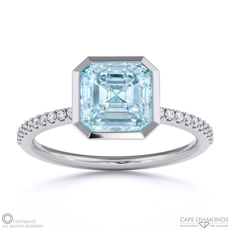 Aquamarine Asscher Cut Basket Bezel Setting Pave White Gold Engagement Ring