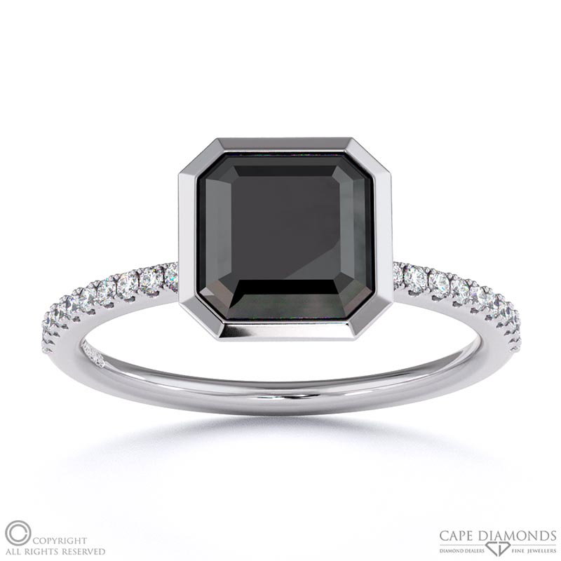 Black Lab Grown Diamond Asscher-cut Basket Bezel Setting Pave White Gold Engagement Ring