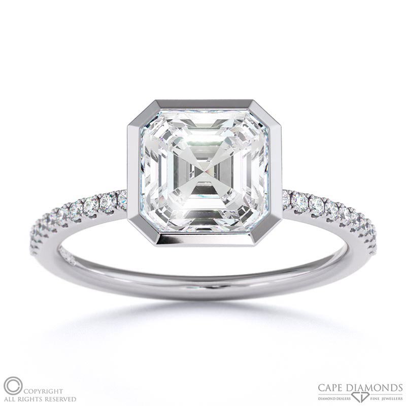 Lab Grown Diamond Asscher-Cut Basket Bezel Setting Pave White Gold Engagement Ring