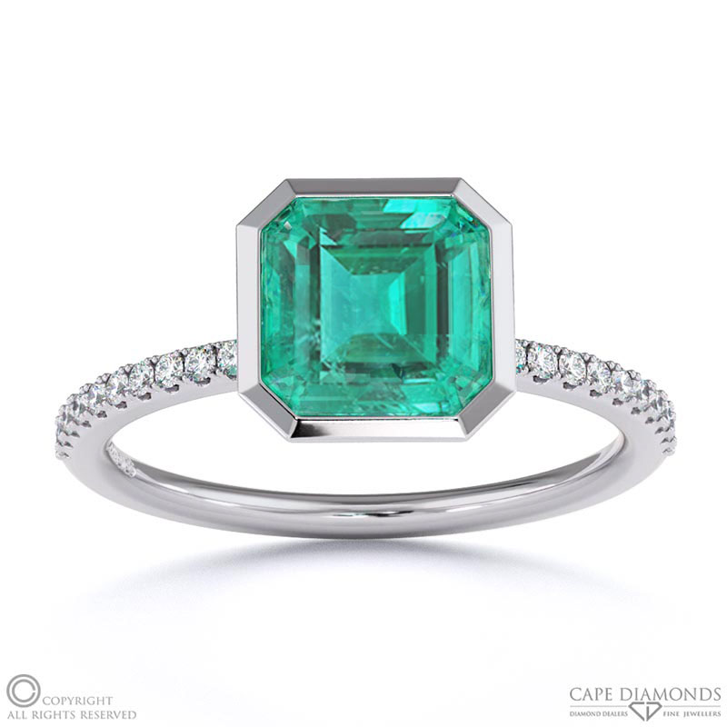 Emerald Asscher Cut Basket Bezel Setting Pave White Gold Engagement Ring
