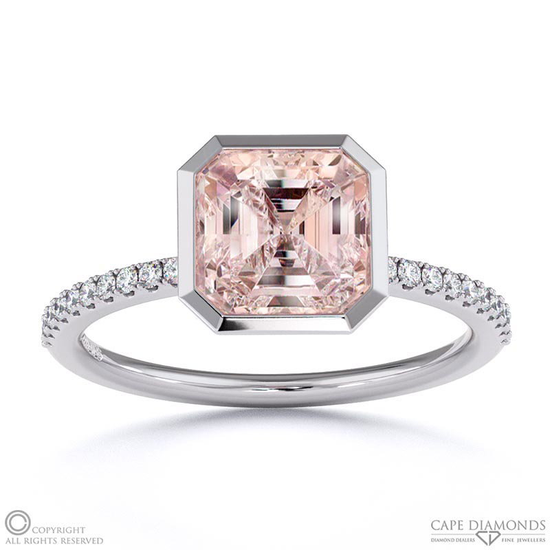Morganite Asscher Cut Basket Bezel Setting Pave White Gold Engagement Ring