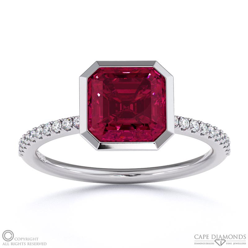 Ruby Asscher Cut Basket Bezel Setting Pave White Gold Engagement Ring