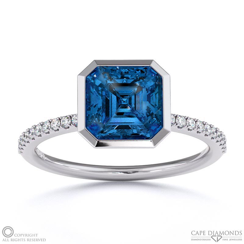 Sapphire Asscher Cut Basket Bezel Setting Pave White Gold Engagement Ring