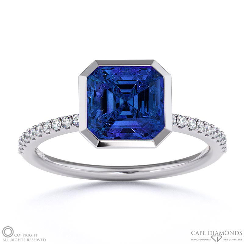 Tanzanite Asscher Cut Basket Bezel Setting Pave White Gold Engagement Ring