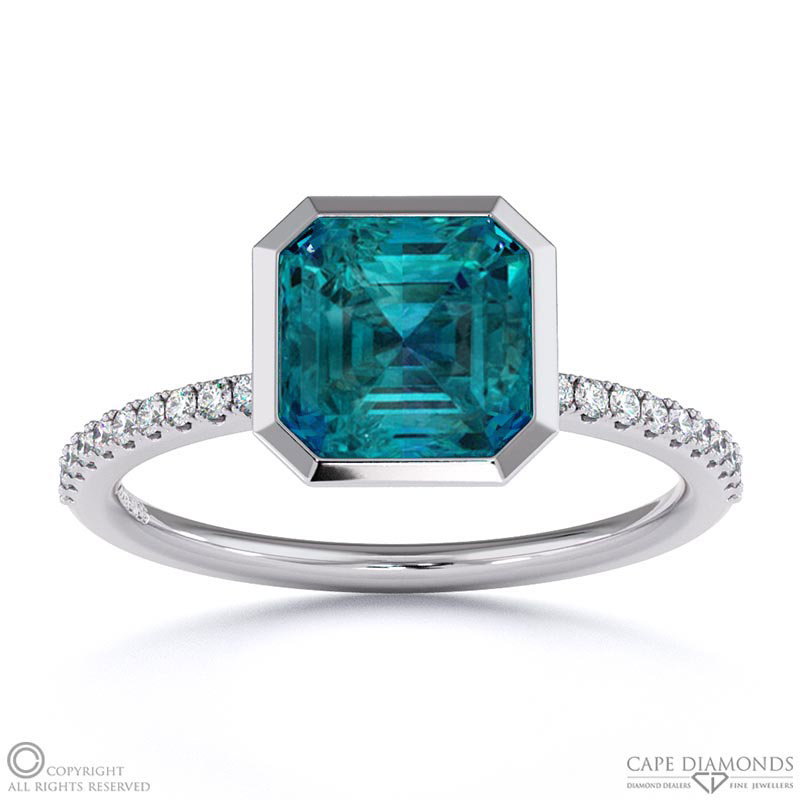 Alexandrite Asscher Cut Basket Bezel Setting Pave White Gold Engagement Ring