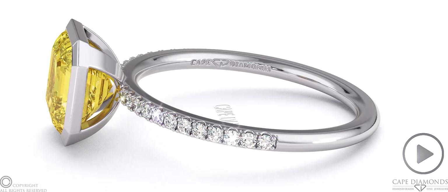Yellow Natural Diamond Asscher-cut Basket Bezel Setting Pave Platinum Engagement Ring top video