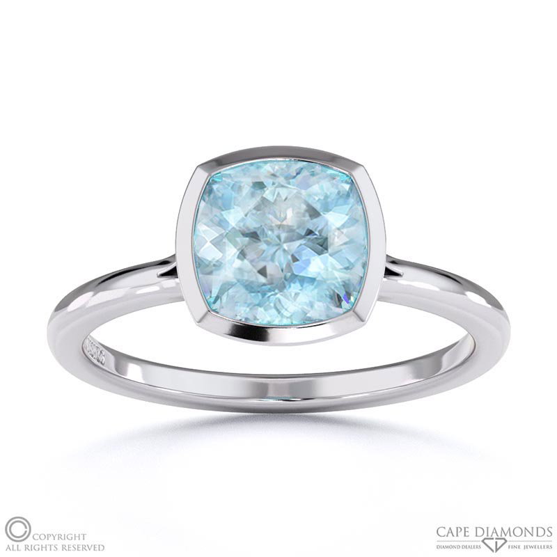 Blue Or Paraiba Tourmaline Cushion Cut Bezel Setting Split Band White Gold Engagement Ring