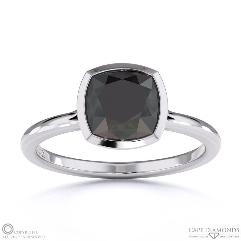 Black Lab Grown Diamond Cushion-cut Bezel Setting Split Band White Gold Engagement Ring
