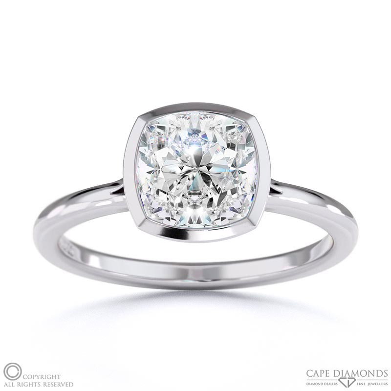Lab Grown Diamond Cushion-Cut Bezel Setting Split Band White Gold Engagement Ring