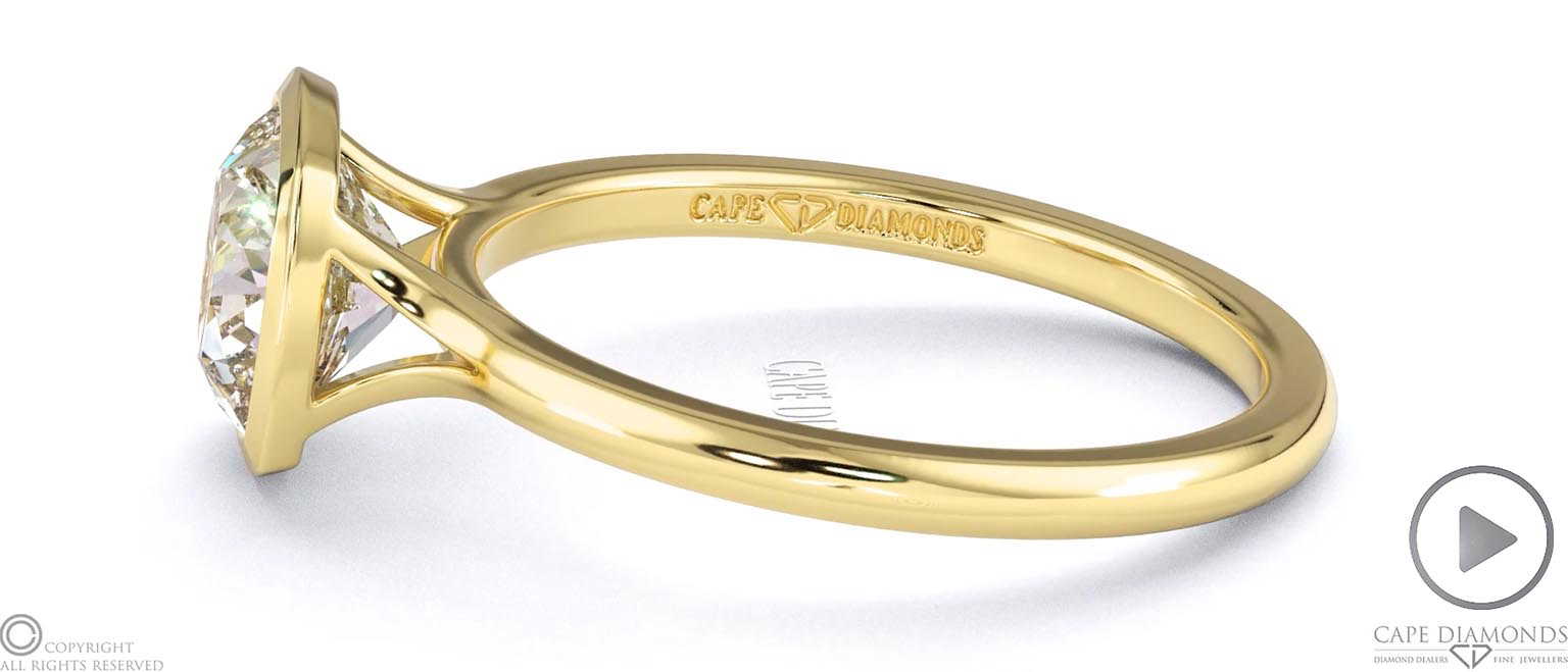 Lab Grown Diamond Cushion-Cut Bezel Setting Split Band Yellow Gold Engagement Ring top video