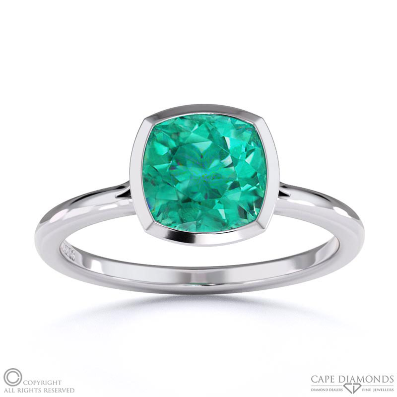 Emerald Cushion Cut Bezel Setting Split Band White Gold Engagement Ring