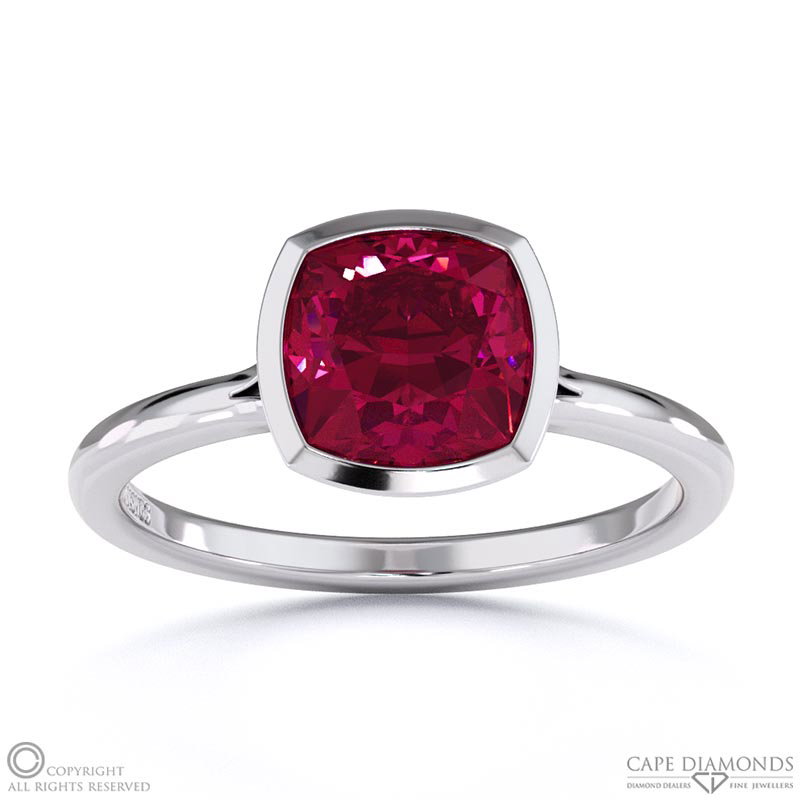 Ruby Cushion Cut Bezel Setting Split Band White Gold Engagement Ring